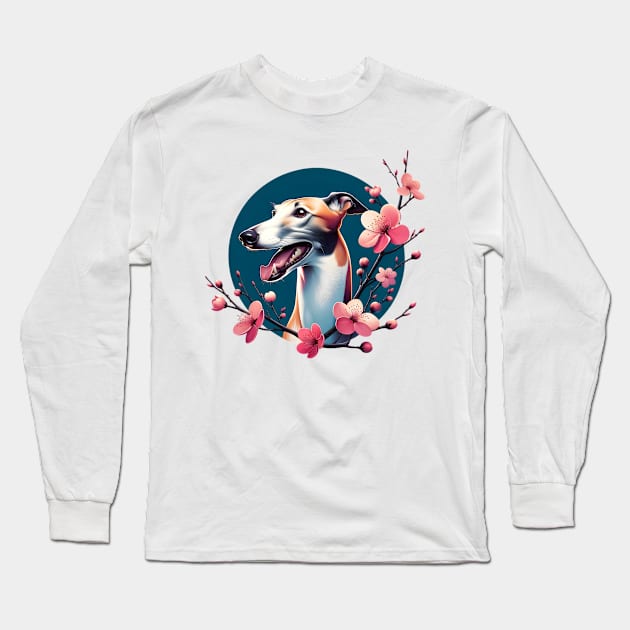 Joyful Greyhound with Spring Cherry Blossoms Long Sleeve T-Shirt by ArtRUs